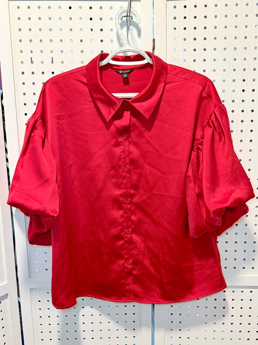 Versona Medium Red Satin Button Down Shirt Statement Short Puff Sleeve Blouse
